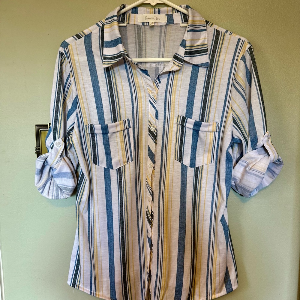 Eden & Olivia Striped Button-Up in Blue and Yellow